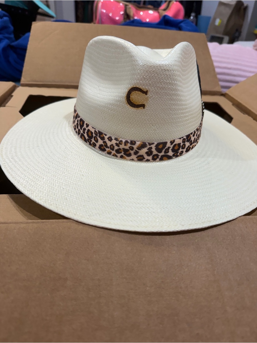 Straw Hat with Leopard Print Band - Cream
